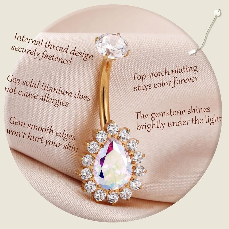 AROWRO Store Gold Belly Button Ring G23 Titanium Hypoallergenic 14G belly ring for Women Men Teardrop Navel Piercing Jewelry 10mm Barbell With Cubic Zircon - Image 2